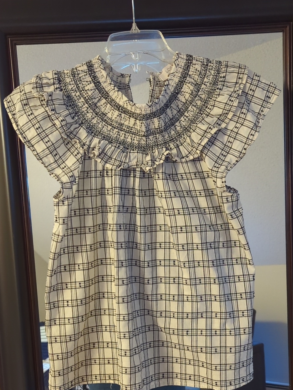 Loft Cream & Black Smocked Plaid Top
